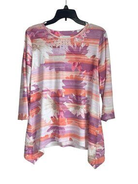 Alfred Dunner Top Sz Small 3/4 Sleeve Shark Tail Hem 42" Bust New